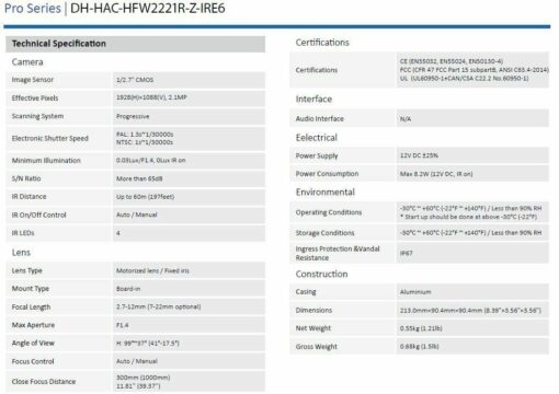2MP Starlight HDCVI Bullet / Außenkamera Dahua HAC-HFW2231RP-Z-IRE6 7-22mm – Bild 11